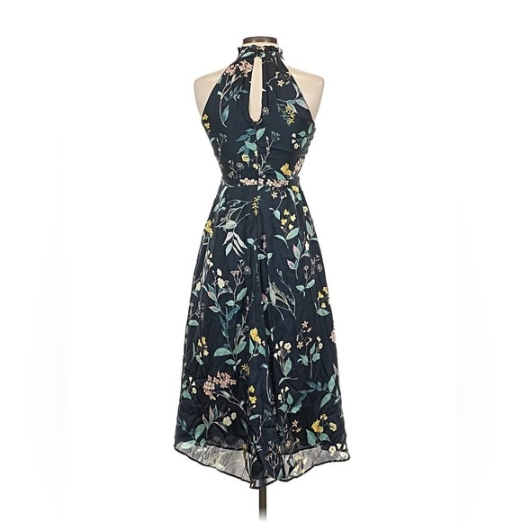 Banana Republic Dress Halter Floral Satin Midi Navy Blue High Neck Ruffle 0P - Picture 5 of 13